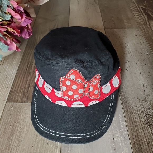 Minnie Mouse Hat Disney Parks Cap Cadet Red Polka Dot Bow Black Cotton Strapback - Picture 4 of 14